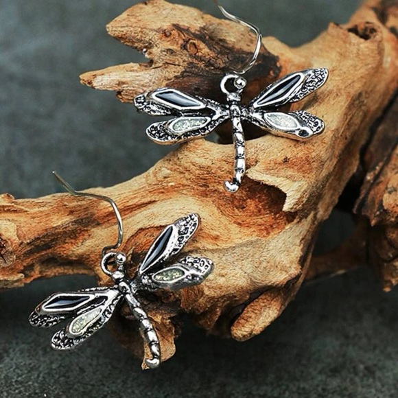 Antique Silver Dragonfly Decor Drop Earrings - Picture 2 of 3
